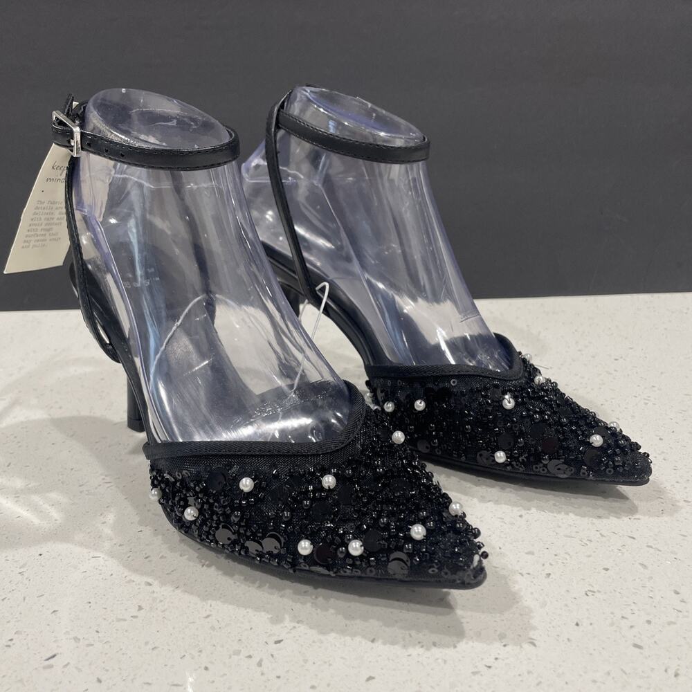 Black Heels 3.5 In "Ruth" Faux Pearls Sequins Beads Sz 6.5 NWT- A New Day-